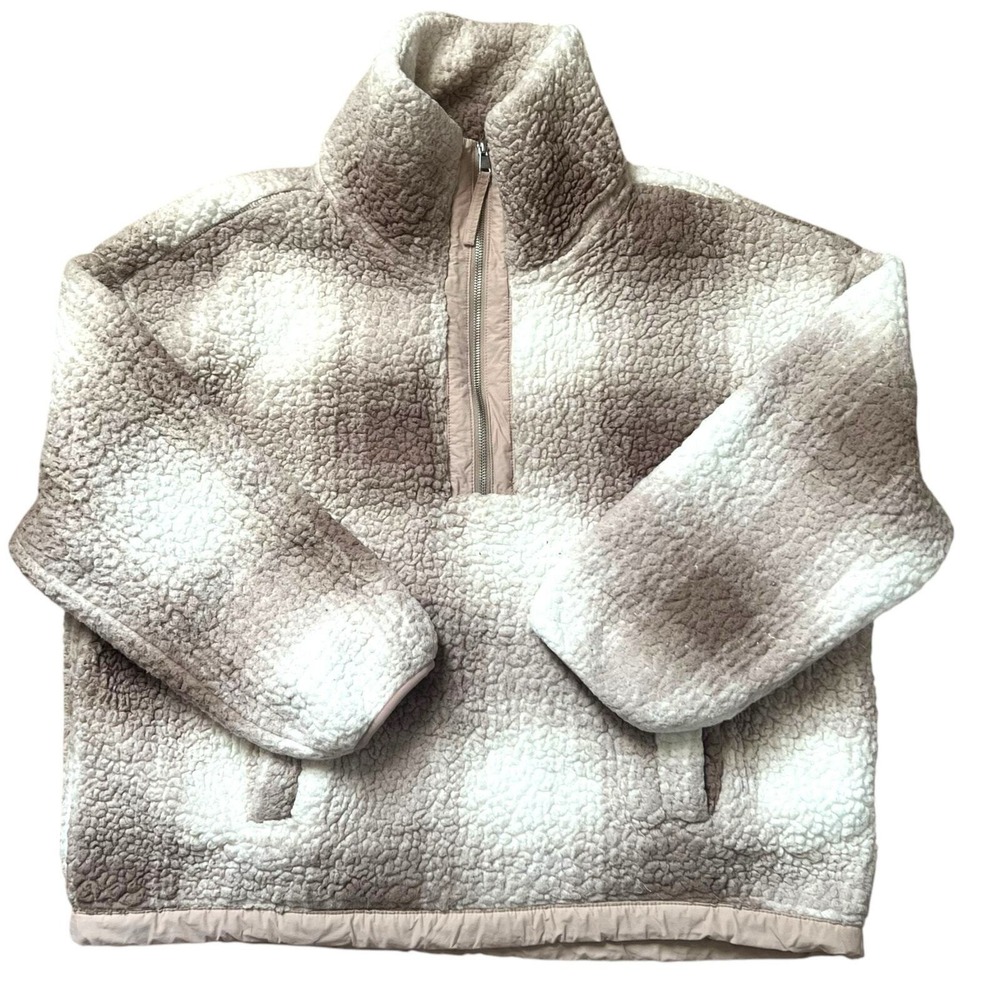 Abercrombie & Fitch Women Sherpa Half Zip Gingham Pullover Size XL Tan Cozy
